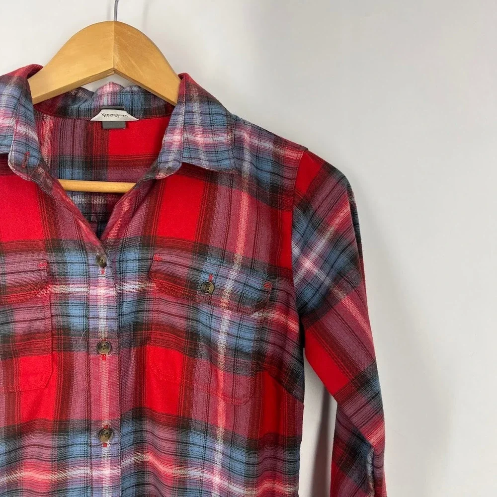 Eddie‎ Bauer Red Blue Plaid Flannel Button Down Shirt Womens Long Sleeve Pockets